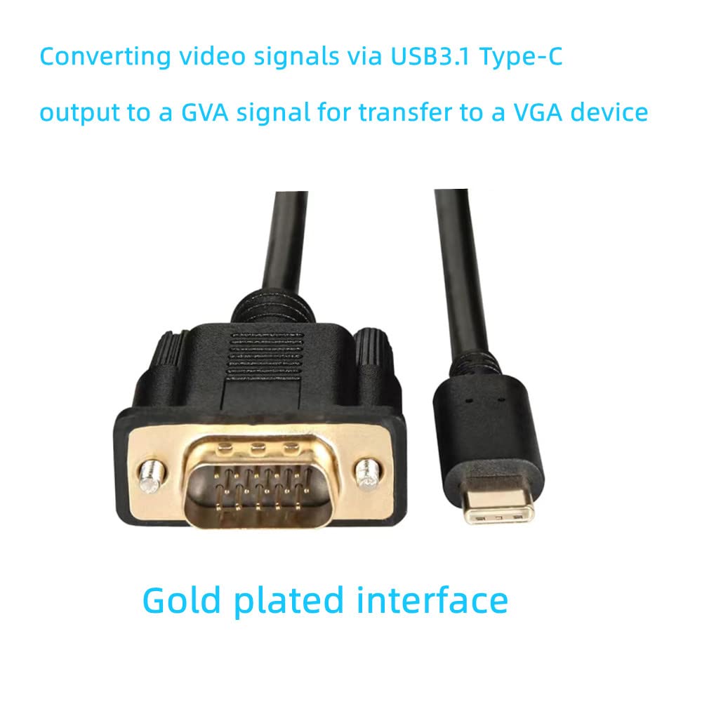 USB Type C to VGA Cable USB Type-C 3.1 to VGA Adapter USB Type C Male to vga Male HD Video Conversion Cable with Conversion chip Plug and Play (1.8m/5.9ft)