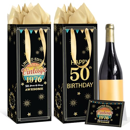 Yoirrat Vintage 50th Birthday Gift Bags for Women Men Black Gold 1976 Wine Bags with 50th Birthday Wrapping Paper and Greeting Card for 50 Years Old Anniversary Party Supplies(Wine 50th)