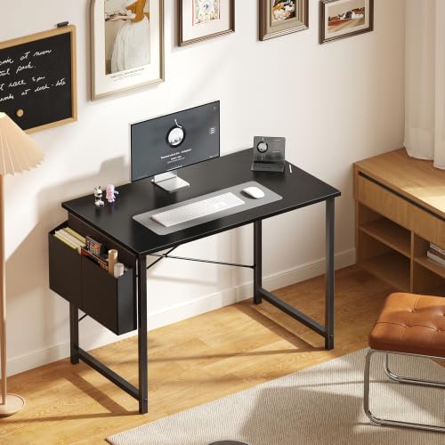 Image of OLIXIS Small Computer Desk, 40 Inch Gaming Desks for Home Office | Writing Study Craft Work Table, Computer Workstation for Bedroom Small Spaces with Storage Bag, Black