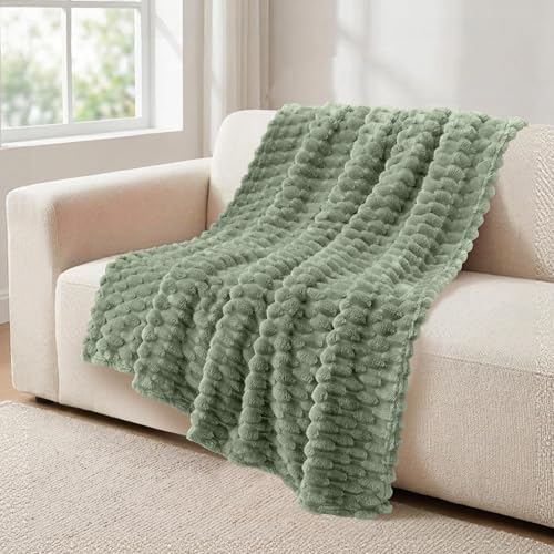 Vessia Flannel Fleece Throw Blanket, 3D Jacquard Sage...