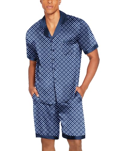 Image of Ekouaer Mens Satin Pajamas Set Button-Down Short /Long Sleeve Shirt Top Soft Silk Sleepwear Loose Pocket Pant Loungewear