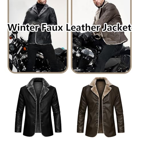 Image of Men's Faux Leather Jacket Thick Faux Fur Shearling Lapel Collar Botton Down Long Trench Coats Black Brown