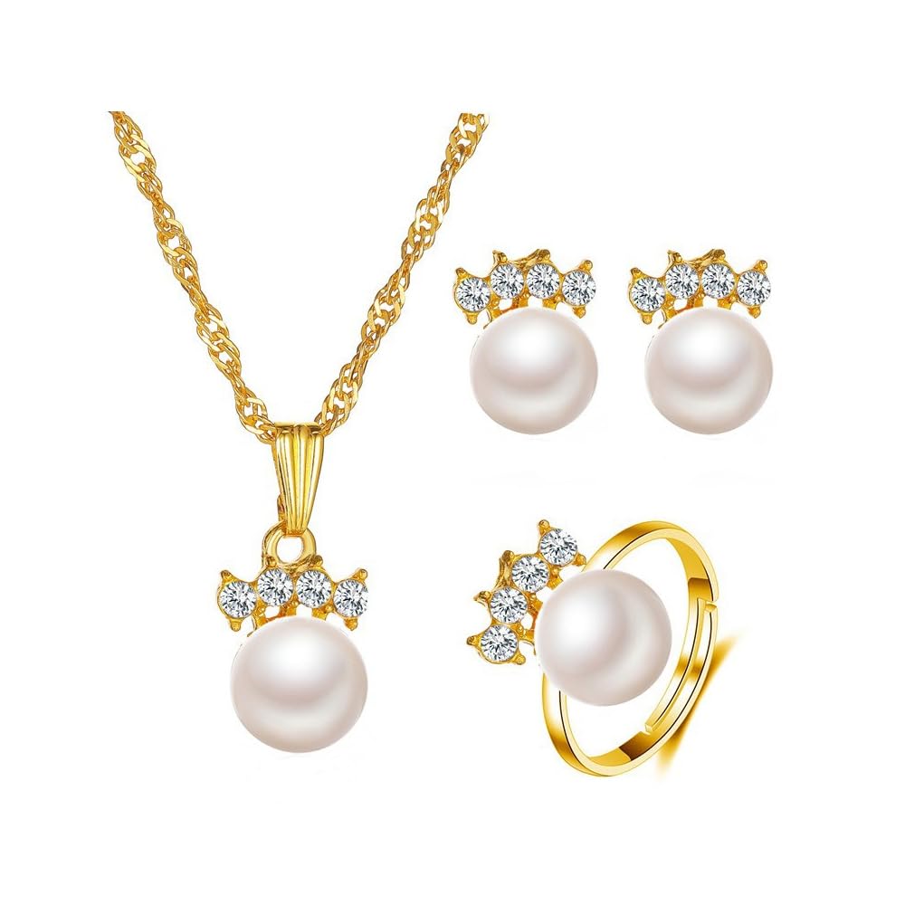 HSAJS Juegos de Joyas Perla Mujer Anillo Collar y Pendientes en Oro Colgantes de Zirconia Joyería para Mujeres y Niñas Boda Novia