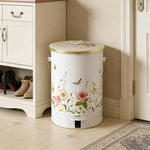 Image of White Floral Metal Step Trash Can with Lid, 8L Vintage Butterfly & Wildflower Decorative Waste Basket with Handles for Bathroom, Bedroom, Kitchen, 14.57 inch x 9.84 inch