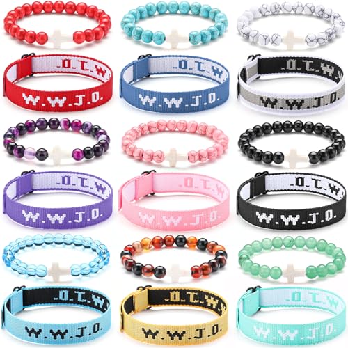 Image of Huquary 18 Pcs Easter WWJD Braided Christian Cross Bracelet Beaded Stretch WWJD Adjustable Jesus Bracelet Wristband for Women Men What Would Jesus Do Religious Rope Jewelry Faith Pendant Easter Gift