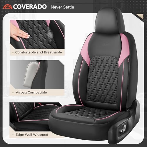 Image of Coverado Seat Covers, Car Seat Covers Full Set, Car Seat Cover, Car Seat Covers Front Seats and Back, Waterproof Car Seat Cushion, Faux Leather Car Seat Protector Universal Fit Most Cars, Black&Pink