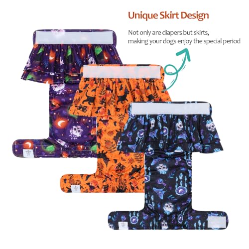Image of CuteBone Female Dog Diapers Halloween with Skirts 3 Pack Reusable Puppy Dresses Pants for Heat Cycle Period