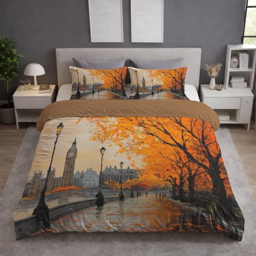 Funda Nordica Cama 180 - Juego de Funda Edredon 260 x 240 cm 3 Piezas + 2 Fundas de Almohada 50 x 75 cm, Ropa de Cama Microfibra Suave Transpirable, Naranja, Otoño Hojas Caídas Arquitectura