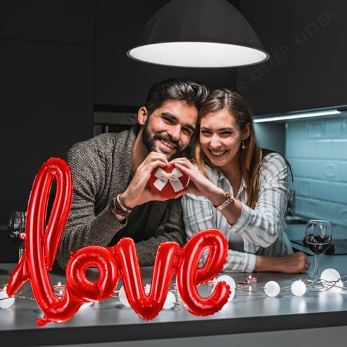 Image of KITTER Love Red Foil Balloon | Foil Party Balloons Decoration for Birthday, Anniversary, Ring Ceremony, Welcome, Festival, Wedding, Valentine Day Celebration | Cursive Font Love Balloon Red Color