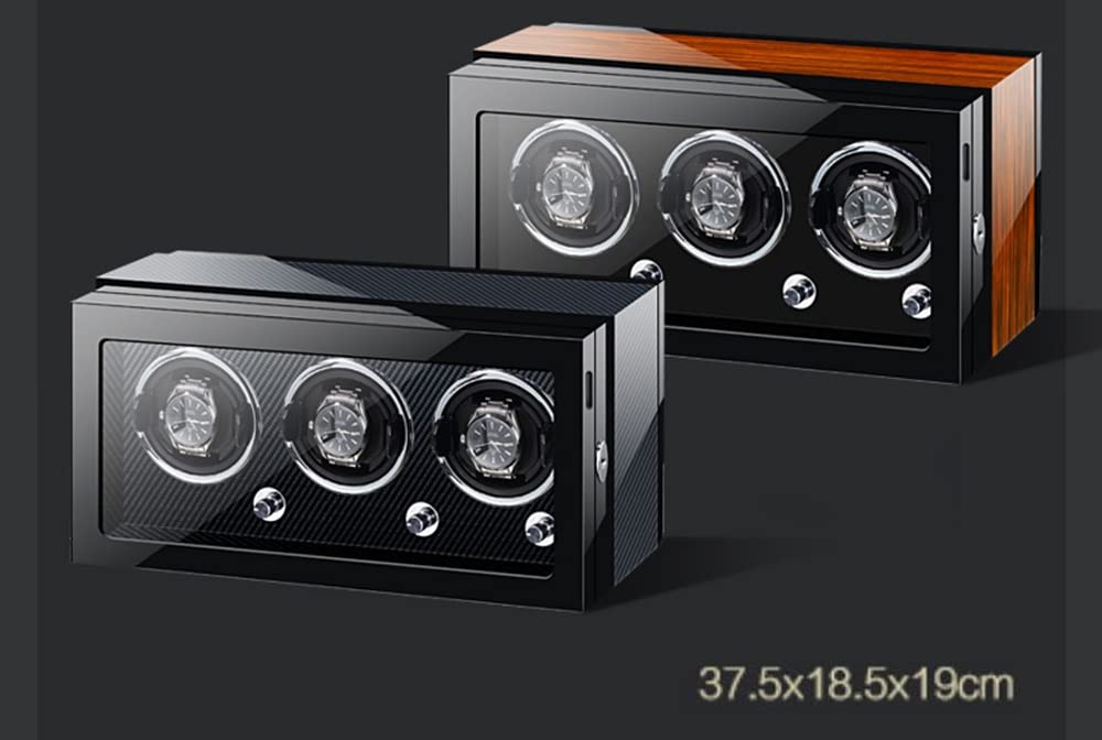 Uhrenbewegerbox für Automatikuhren (4, 6, 9) mit LED-Beleuchtung und leisem Motor. Uhrenbox in Klavierlackoptik aus Holz mit verstellbaren Uhrenkissen und Drehmechanismus，Brown-3+0