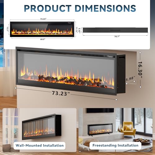 Image of EUHOMY 73 inch Electric Fireplace Recessed Wall Mounted Freestanding with Remote Control, Ultra-thin Fireplace Heater with Adjustable Flame Color, Linear Fireplace with Timer, Log & Crystal, 750 /1500W