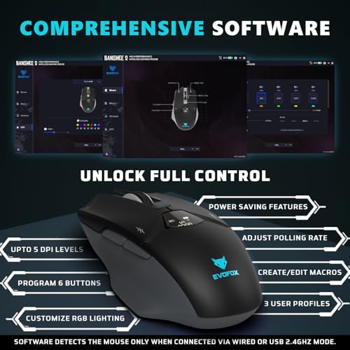 Image of EvoFox Banshee 2 Tri-Mode Wireless Gaming Mouse (2X BT, 2.4G & Wired), PixArt 3311 Sensor, 1000Hz Polling Rate, 12,000 DPI, LCD Display, 6 Programmable Buttons, Software Support, Onboard Memory-Black
