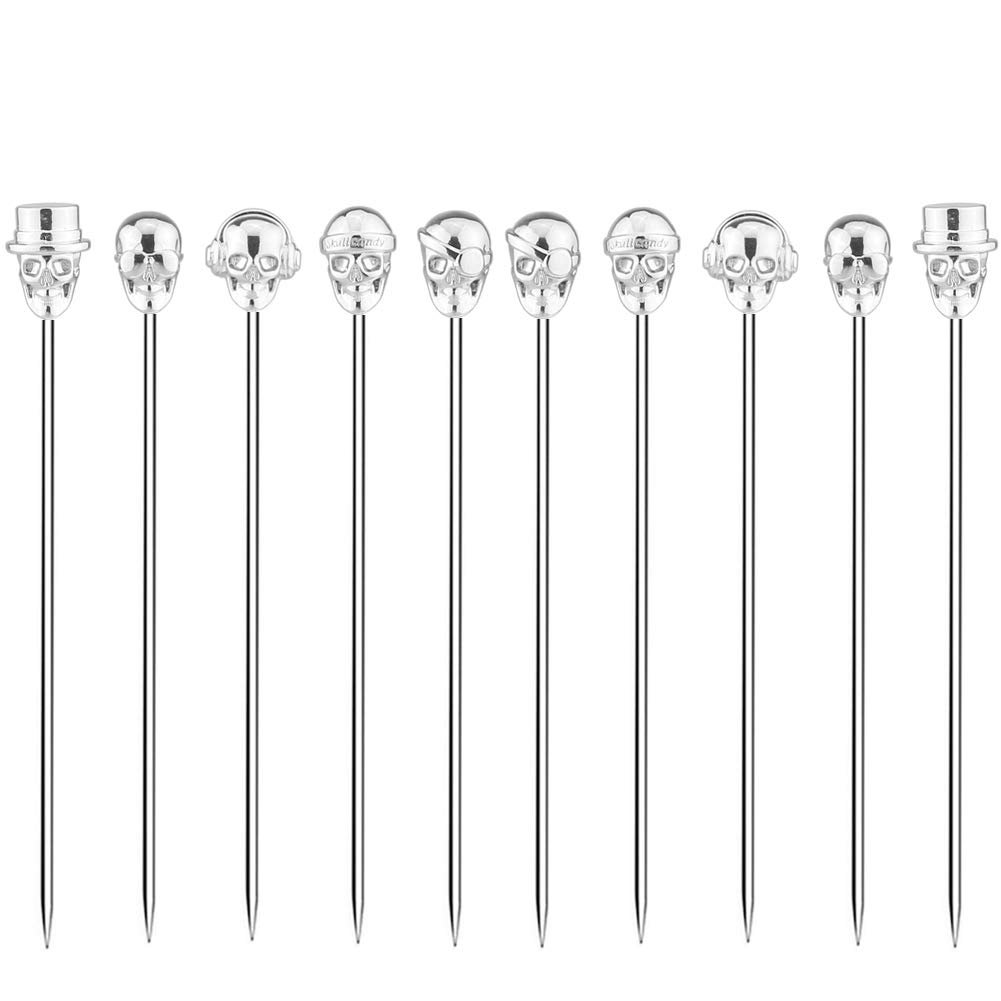 DEEKOUDT Skull Cocktail Picks Martini Picks Reusable Olive Picks Garnish Skewer Fruit Toothpicks Pack of 10 (Silver)