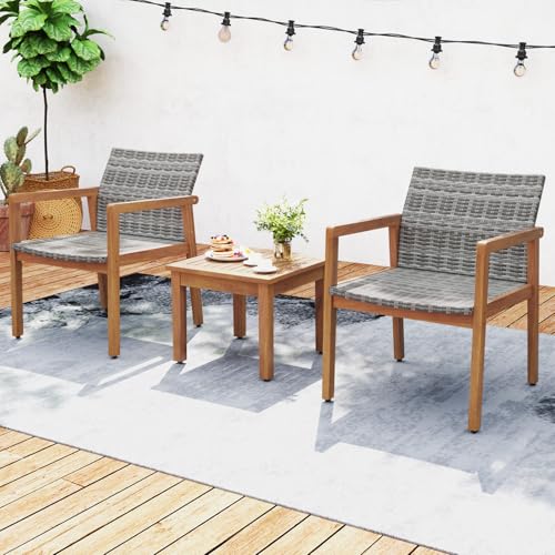 HAPPYGRILL 3 Pieces Patio Furniture Set, PE Rattan Patio Bistro Set with Chairs & Coffee Table, Outdoor Acacia Wood Conversation Set for Garden, Backyard, Poolside & Porch - Image 3