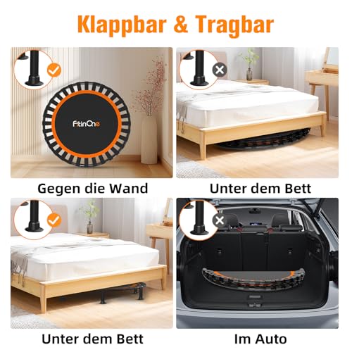 FitinOne 150KG Ø 101CM Faltbares Mini-Trampolin mit Bungee Bänder, 5-Fach Verstellbarer Schaumstoffgriff, Stabiler und leiser Fitness Indoor-Trampolin für Kinder und Erwachsene