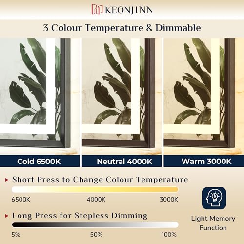 Keonjinn Black Bathroom Mirror with Led Lights 60x80cm, Antifog Vanity Mirror Black Frame Back and Front Lit 3 Colour Dimmable Illuminated Wall Mounted Rectangle Digital Mirrors - Cosy Home Interiors Keonjinn Black Bathroom Mirror with Led Lights 60x80cm, Antifog Vanity Mirror Black Frame Back and Front Lit 3 Colour Dimmable Illuminated Wall Mounted Rectangle Digital Mirrors - Image 5