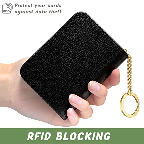 Image of Aiawoxc Credit Card Holder for Women, Small RFID Wallet Slim Leather Business Card Organizer Case with Zipper and Keychain, Black