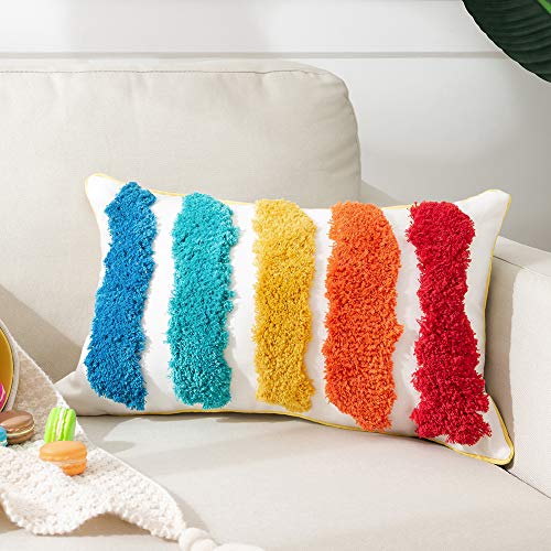 Rainbow Lumbar Small Decorative Throw Pillow Cover Boho Colorful Tufted Kids Pillow Cover 12 X 20 Inch For Playroom Nursery Teepee Reading Nook Couch, Rectangular Pillow Case Fun Cute Rainbow Shape #TOP26