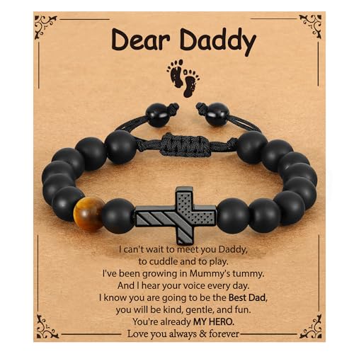 Image of P. BLAKE Cross Bracelet for Boys Men, American Flag Cross Natural Beads Bracelet Christian Religious Birthday Jewelry Gifts for Teen Boys