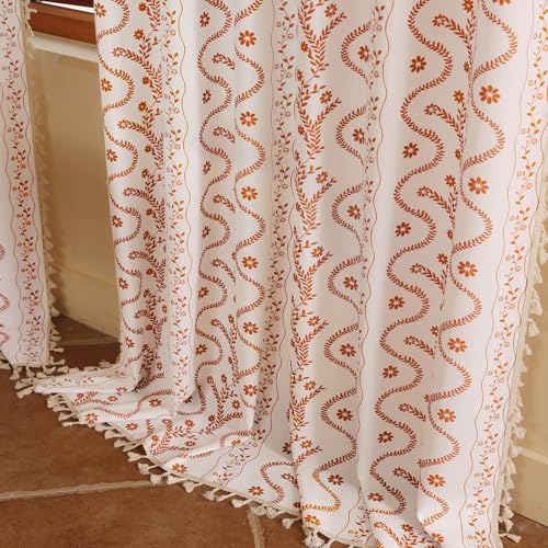 Image of Boho Farmhouse Curtains for Living Room 2 Panels, Floral Fall Curtains 80 Inches Long,Privacy Country Vine Pattern Bedroom Curtain,Let Light in Window Drapes Beige