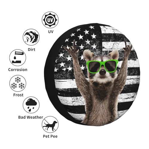 Image of Raccoon Spare Tire Cover American Flag Weatherproof Universal Wheel Protectors Wheel Covers for Rv Camper Travel Trailer SUV Truck 16 Inch