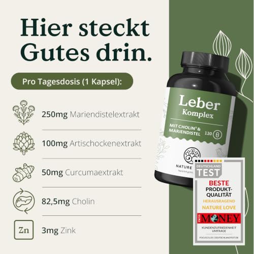 NATURE LOVE Leber Komplex - 120 Kapseln - 80% Silymarin, Cholin & Zink