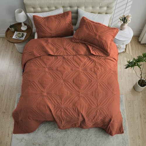 Image of Kingnex Oversized King Bedspreads 128x120 Ultrasonic Quilted Baked Clay | Extra Wide Coverlet for Tall Split King Adjustable Bed or Cal King Size, 3 Piece Include 1 Quilt, 2 King Size Pillowcases