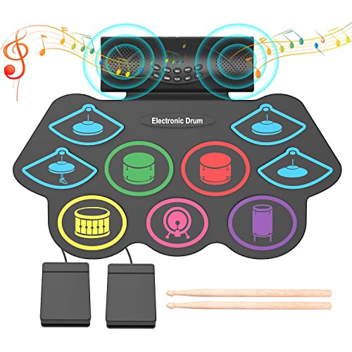 Electronic Drum Set, Momkhx 9 Pads Electric Drum Set, Roll Up Drum Practice Pad Midi Drum Kit Built-in Speaker Drum Pedals Drum Sticks, Best Gifts for Holiday Birthday Christmas (Colorful)