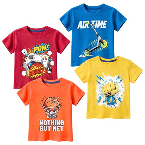 Image of DEEKEY Toddler Boys Shirts Short-Sleeve Little Kids t Shirts Boys' Tops, Tees & Shirts Graphic TEE Age for 2-7 Years 4-Pack