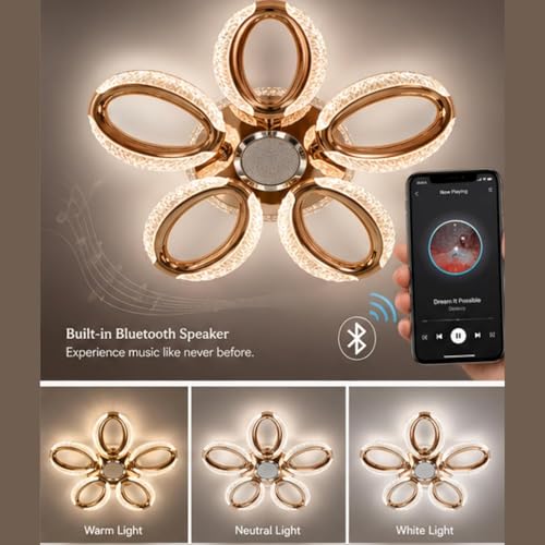 Image of LED Ceiling Light with Bluetooth Speaker & Remote Control, Dimmable 3 Color Modes (Warm /Neutral /Cool White), Rose Gold Crystal Flush Mount Chandelier for Living Room, Bedroom Dining Room