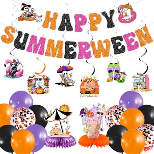 Summerween Party Decorations: Summerween Decorations Include Happy Summerween Banner Hanging Swirls Centerpieces Balloons for Summerween Decor