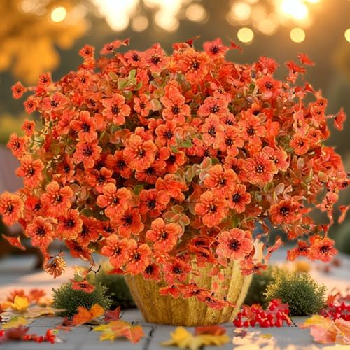 Artificial Flowers for Outdoor,14PCS Fall Decor Orange Autumn Realistic Faux Plants UV Resistant Fake Fake Plastic Flowers for Outside Indoor Porch Patio Window Box Planter Home