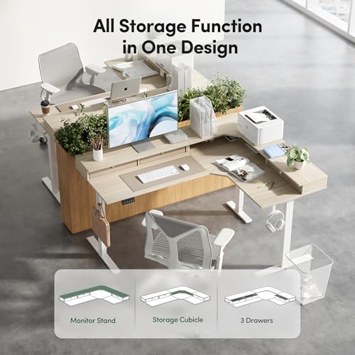 Image of CubiCubi L Shaped Standing Desk with Drawers 63 x 48 Inch Adjustable Height, Electric Corner Desk with Storage, Sit Stand Home Office Desk with Splice Board, Light Walnut
