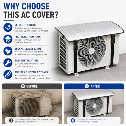 Image of AC Outdoor Unit Cover, Reflective Aluminum Sun Shade for Split Air Conditioner Condenser Unit, Weatherproof Heat Protection with Adjustable Straps (Top Cover)
