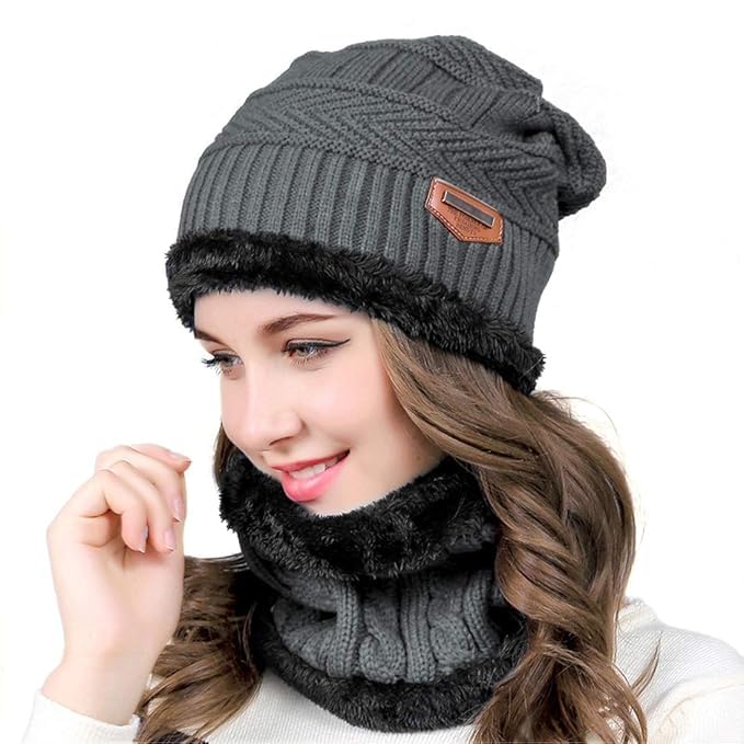 digital shopee Winter Beanie Cap with Neck Warmer and Fleece Lined Gloves, 3 Piece Set, Black Woolen, for Men and Women-picture-33