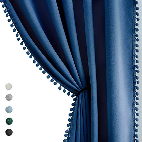 Pom Pom Curtains 90' Navy Royal Blue Blackout Curtains Bedroom Windows Drapes Triple Weave Thermal Insulated Curtain Panels for Men Boys Nursery Room...