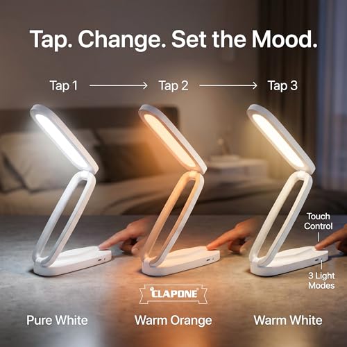 Image of CLAPONE LED Desk Lamp Rechargeable, White | Foldable & Portable, For Study, Office & Home, 3 Brightness Levels with Touch Control, Wireless Battery Operated, Eye-Caring