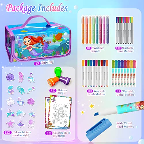 Image of weirtoya 56 PCS Washable Scented Markers with Glitter Pencil Case, Mermaid Unicorn Arts and Crafts for kids 4-6-8 Kids Coloring Drawing Kits for 4-8 Years Old Girls (Mermaid, 56)
