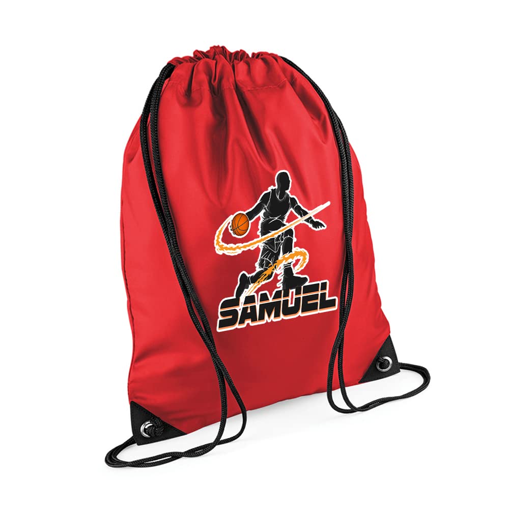 Personalised Basketball Player ANY NAME Sports Lover Gift for Men, Boy, Friend, Birthday present Drawstring Bag, PE Gym Kit Swimming, Sport Rucksack. (Bright Red) — image 1