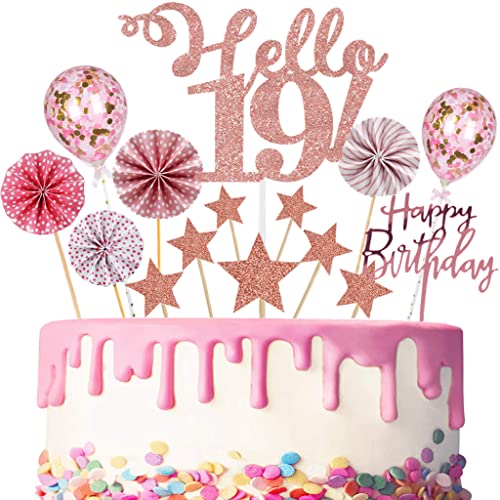 Conruich Tortendeko 19. Geburtstag Mädchen Kuchen Topper Hello 19th Birthday Rosegold mit Papierfächer und Konfetti Luftballons, Glitzer Cake Topper für 19. Geburtstag Party Dekoration Cover