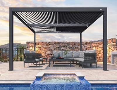 PURPLE LEAF Louvered Pergola 94AS 12' x 12' Outdoor Aluminum Pergola with Adjustable Roof for Deck Backyard Garden Grey Hardtop Gazebo