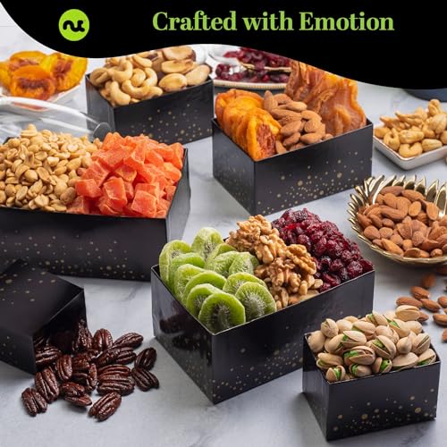 NUT-CRAVINGS-Gourmet-Collection-Thanksgiving-Holiday-Christmas-Dried-Fruit-Mixed-Nuts-Gift-Basket-Black-Tower-Ribbon-12-Assortments-Xmas-Arrangement-Platter-Bday-Care-Package-Healthy-Kosher