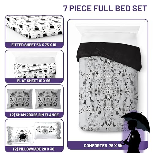 Image of Wednesday Addams Full Size Comforter Set 7 Piece Floral Bedding, Gray