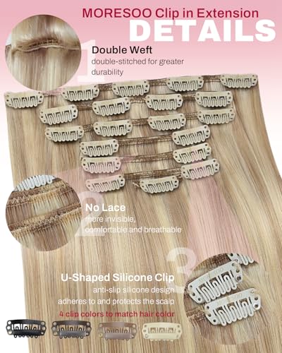 Image of Moresoo Clip in Hair Extensions Blonde Highlights Human Hair 24 inch 120g | Human hair clip in extensions, ash blonde golden highlights, 7pcs, smooth straight finish for bright dimensional styling