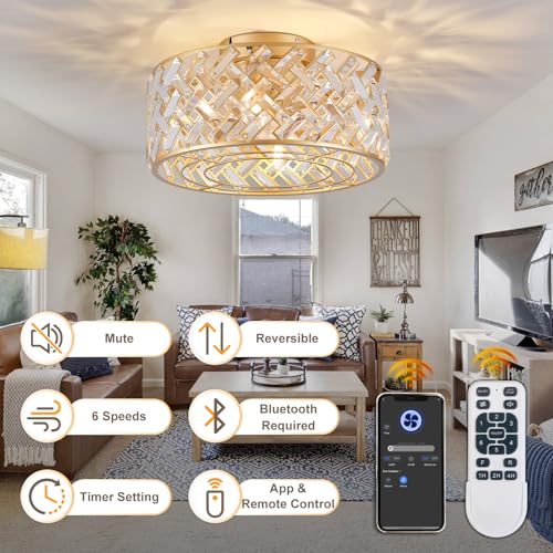 Image of 18 Inch Caged Ceiling Fans with Lights, Low Profile Crystal Fandelier Ceiling Fan with Lights and Remote & App Control for Low Ceilings Flush Mount Installation Indoor, Bulb Included Gold