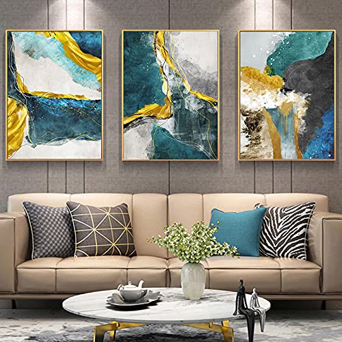 Tableau abstrait or et bleu marine pour salon élégant triptyque contemporain de 70x100cm