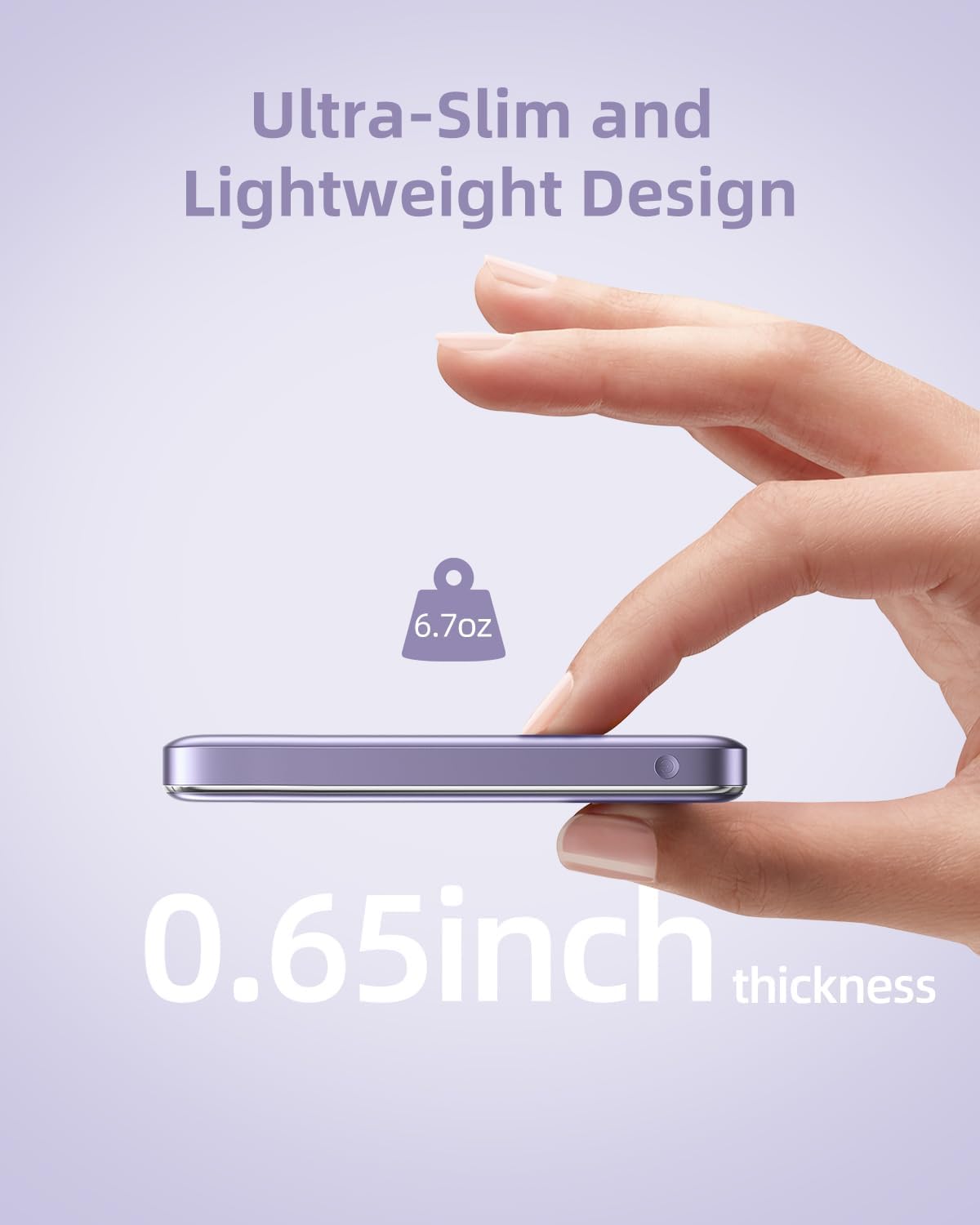 Image showing the ultra-slim and lightweight design of the Innostyle Power Bank, highlighting its 6.7oz weight and 0.65 inch thickness