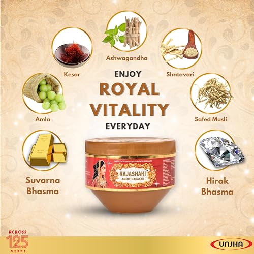 Image of Shree Unjha Pharmacy Rajashahi Chyawanprash - Helps Build Energy, Strength & Stamina | Enriched with Sona Chandi Bhasma | 825g + 250g Rajwadi Amrit Rasayan FREE