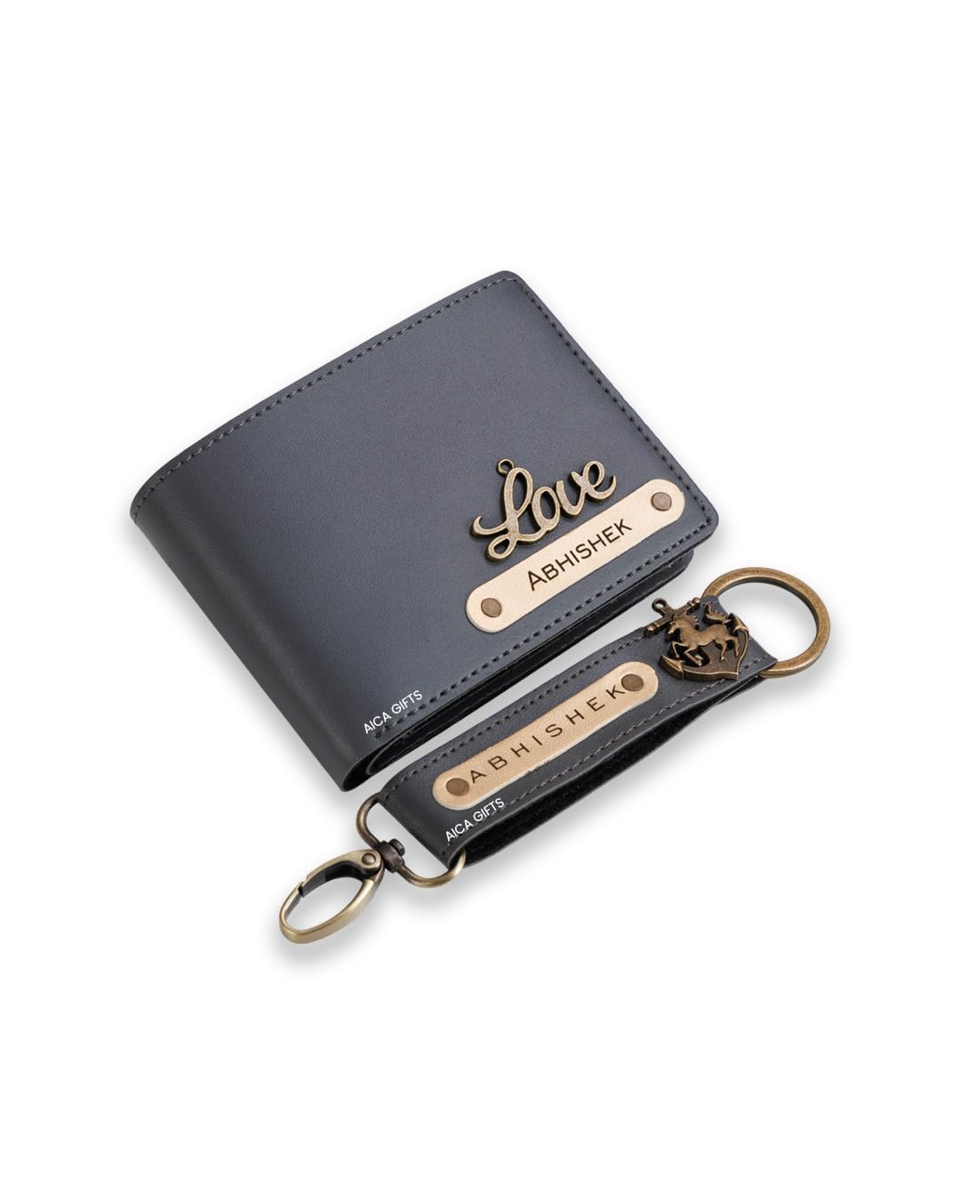 AICA Personalized Name & Charm Leather Wallet & Keychain (Dark Grey) Giftset for Men | Customized Gifts for Birthday Anniversary Corporate Staff | Gift for Man | Diwali Gifts for Family and Freinds