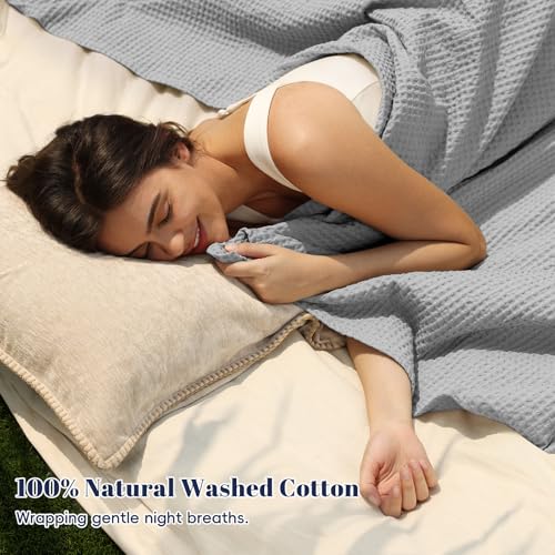 Image of PHF 100% Cotton Waffle Blanket Lightweight Breathable, Twin Size Light Grey | Pre-washed Soft Cozy Summer Throw for Hot Sleepers, Textured Decorative Layer for Bed Couch Sofa Guest Room, Giftable